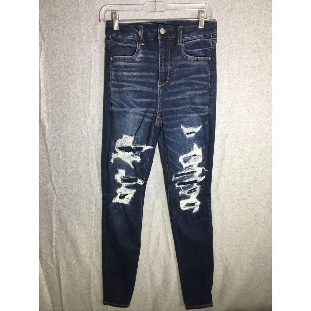 Womens American Eagle Jeans Curvy Super High Rise Jeggings Dark Wash Distressed